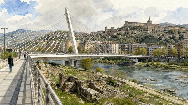 Original documentary watercolour of San Francesco di Paola Bridge and the contemporary river edge in Cosenza · Calabria, showing accurate architecture, landscape, people and present-day use