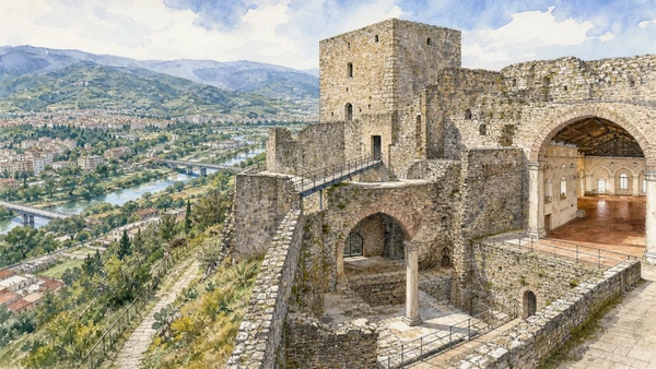 Original documentary watercolour of Norman-Swabian Castle: power above the city in Cosenza · Calabria, showing accurate architecture, landscape, people and present-day use