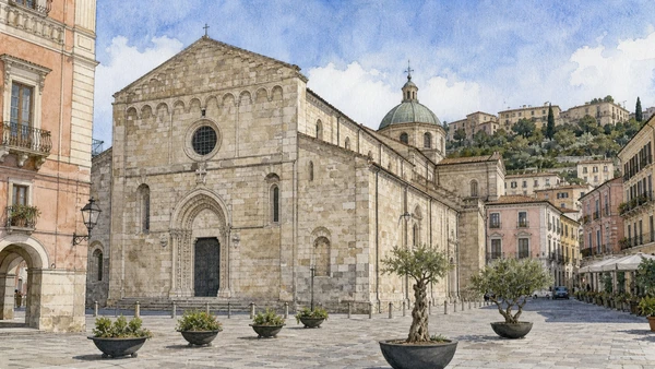 Original documentary watercolour of Cosenza Cathedral and Piazza Duomo in Cosenza · Calabria, showing accurate architecture, landscape, people and present-day use