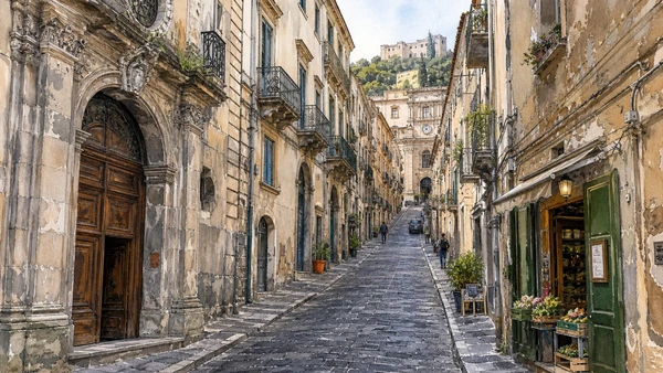 Original documentary watercolour of Corso Telesio: the inhabited spine of old Cosenza in Cosenza · Calabria, showing accurate architecture, landscape, people and present-day use