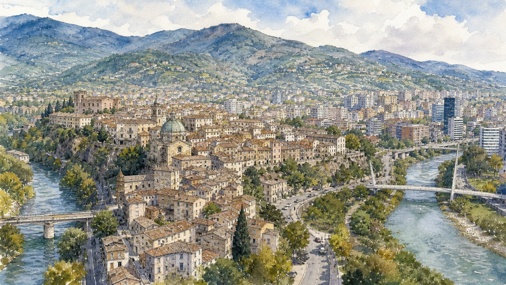 Original documentary watercolour panorama for Cosenza: Complete Guide, with accurate Calabrian architecture, landscape and lived context