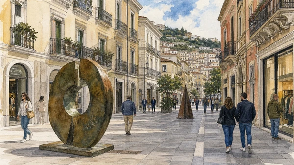 Original documentary watercolour of MAB on Corso Mazzini: art inside a commercial street in Cosenza · Calabria, showing accurate architecture, landscape, people and present-day use