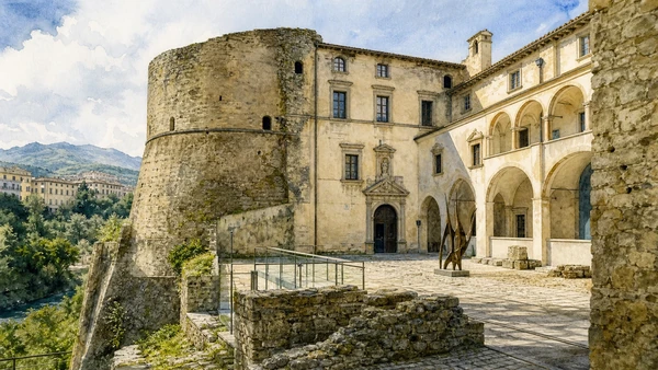 Original documentary watercolour of Palazzo Arnone and the National Gallery in Cosenza · Calabria, showing accurate architecture, landscape, people and present-day use
