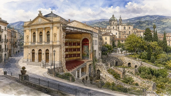 Original documentary watercolour of Rendano Theatre and the civic cultural quarter in Cosenza · Calabria, showing accurate architecture, landscape, people and present-day use