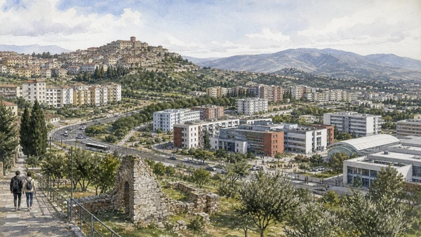 Original documentary watercolour of Rende and the university corridor: the dispersed modern city in Cosenza · Calabria, showing accurate architecture, landscape, people and present-day use