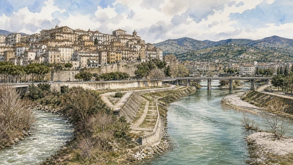 Original documentary watercolour of Crati and Busento: confluence, engineering and legend in Cosenza · Calabria, showing accurate architecture, landscape, people and present-day use