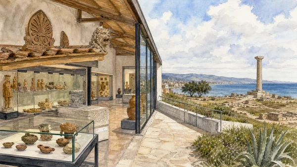 Original documentary watercolour of Capo Colonna Museum: architecture, offerings and underwater finds in Crotone and Capo Colonna · Calabria, showing accurate architecture, landscape, people and present-day use
