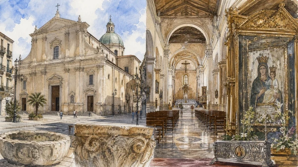 Original documentary watercolour of Crotone Cathedral and civic memory in Crotone and Capo Colonna · Calabria, showing accurate architecture, landscape, people and present-day use