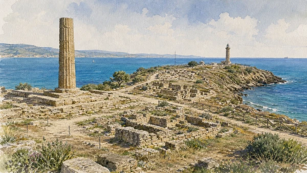 Original documentary watercolour of Hera Lacinia sanctuary: the sacred landscape of Capo Colonna in Crotone and Capo Colonna · Calabria, showing accurate architecture, landscape, people and present-day use