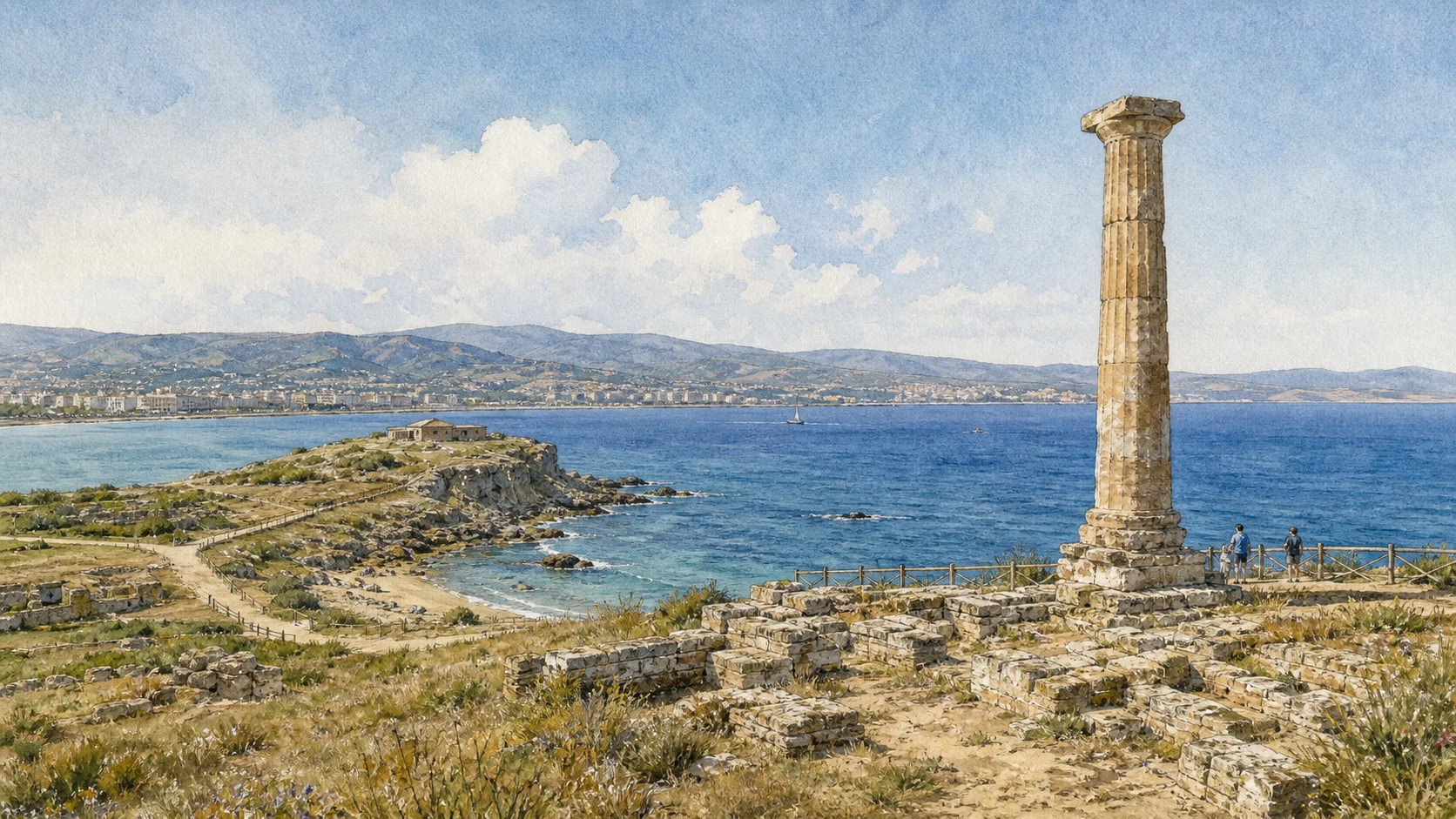 Original documentary watercolour panorama for Crotone and Capo Colonna: Complete Guide, with accurate Calabrian architecture, landscape and lived context