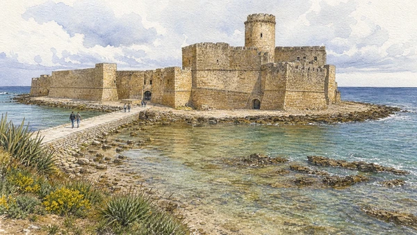 Original documentary watercolour of Le Castella: fortress between land and shallow sea in Crotone and Capo Colonna · Calabria, showing accurate architecture, landscape, people and present-day use