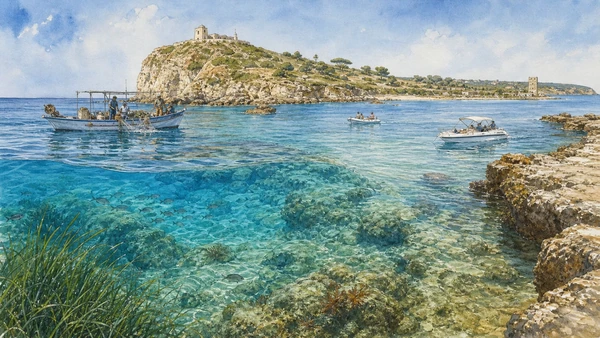 Original documentary watercolour of Capo Rizzuto Marine Protected Area: habitat and regulated use in Crotone and Capo Colonna · Calabria, showing accurate architecture, landscape, people and present-day use