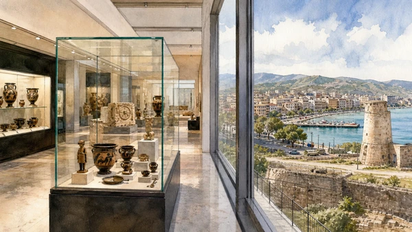Original documentary watercolour of National Archaeological Museum of Crotone: Kroton in context in Crotone and Capo Colonna · Calabria, showing accurate architecture, landscape, people and present-day use
