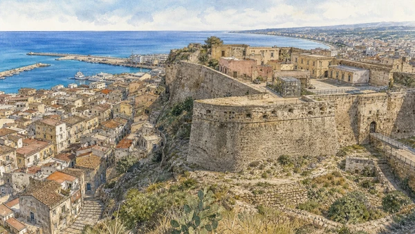 Original documentary watercolour of Crotone old town and Charles V Castle in Crotone and Capo Colonna · Calabria, showing accurate architecture, landscape, people and present-day use