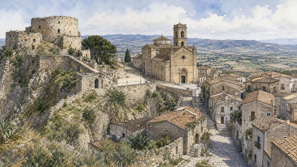 Original documentary watercolour of Santa Severina: inland fortress and cathedral town in Crotone and Capo Colonna · Calabria, showing accurate architecture, landscape, people and present-day use