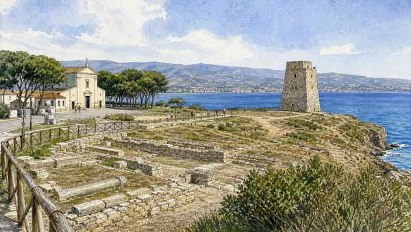 Original documentary watercolour of Torre Nao, church and Roman colony: a layered promontory in Crotone and Capo Colonna · Calabria, showing accurate architecture, landscape, people and present-day use