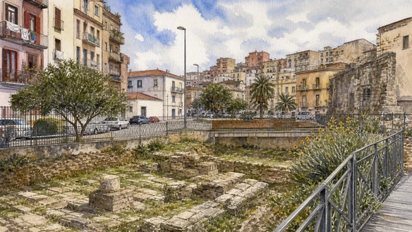 Original documentary watercolour of Urban Kroton: archaeology beneath a modern city in Crotone and Capo Colonna · Calabria, showing accurate architecture, landscape, people and present-day use