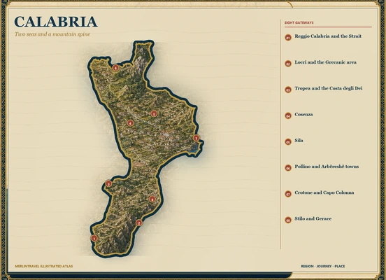 Illustrated map of Calabria with eight numbered Merlintravel gateways