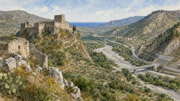 Original documentary watercolour of Amendolea valley and castle: routes between coast and Aspromonte in Locri and the Grecanic Area · Calabria, showing accurate architecture, landscape, people and present-day use