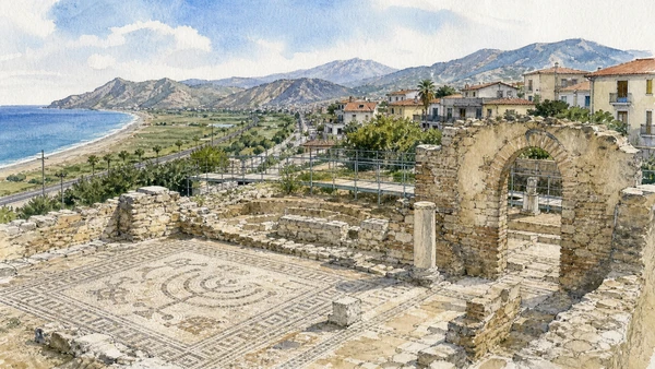 Original documentary watercolour of Bova Marina: synagogue, archaeology and the coastal plain in Locri and the Grecanic Area · Calabria, showing accurate architecture, landscape, people and present-day use