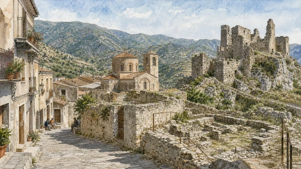 Original documentary watercolour of Bova: capital of contemporary Greek-Calabrian cultural work in Locri and the Grecanic Area · Calabria, showing accurate architecture, landscape, people and present-day use