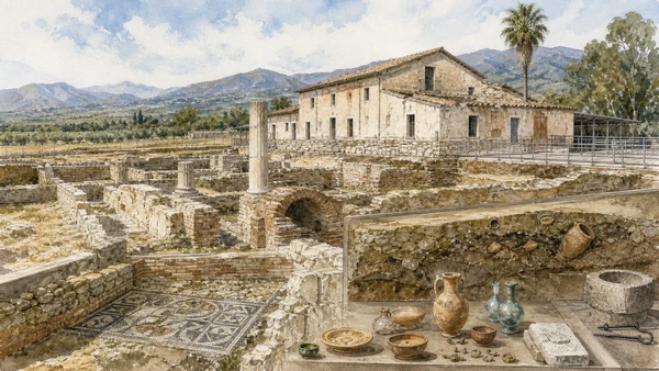 Original documentary watercolour of Casino Macrì: Roman Locri and the archaeology museum in Locri and the Grecanic Area · Calabria, showing accurate architecture, landscape, people and present-day use