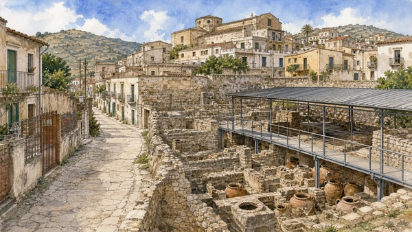Original documentary watercolour of Centocamere: houses, workshops and urban production in Locri and the Grecanic Area · Calabria, showing accurate architecture, landscape, people and present-day use