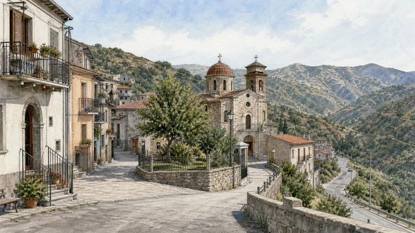 Original documentary watercolour of Gallicianò: language, worship and a small mountain community in Locri and the Grecanic Area · Calabria, showing accurate architecture, landscape, people and present-day use