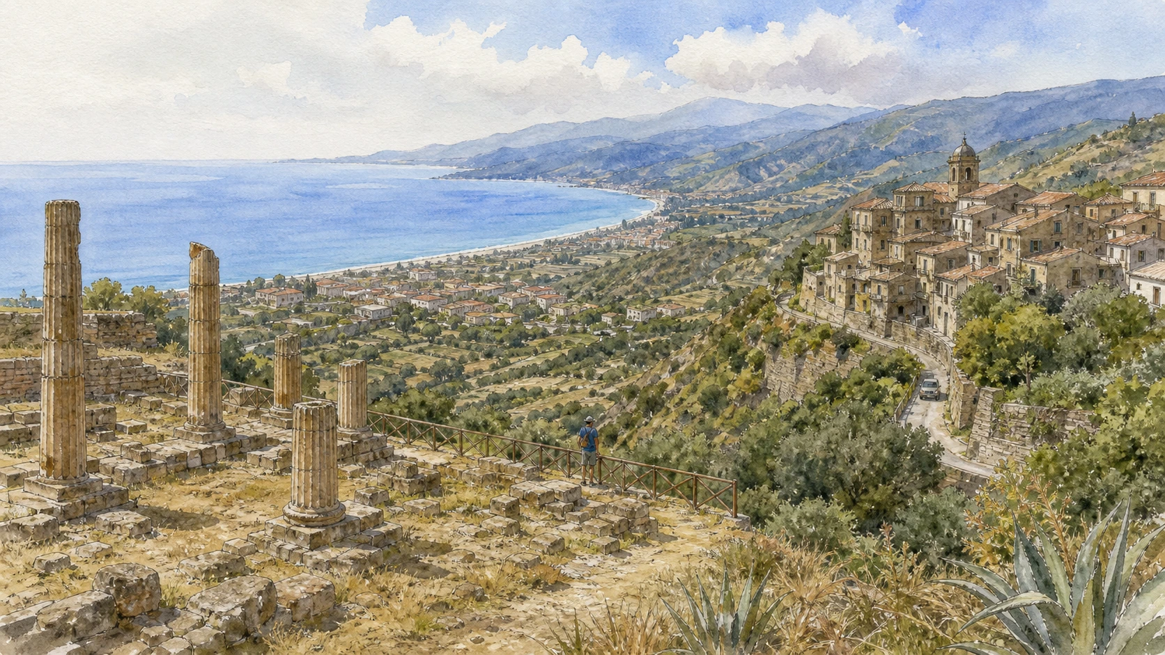 Original documentary watercolour panorama for Locri and the Grecanic Area: Complete Guide, with accurate Calabrian architecture, landscape and lived context