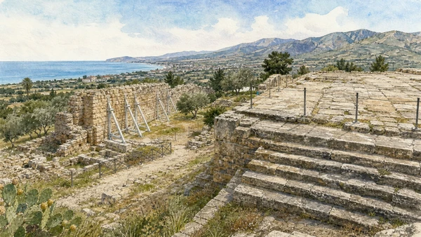 Original documentary watercolour of Locri Epizefiri and the Marasà sanctuary in Locri and the Grecanic Area · Calabria, showing accurate architecture, landscape, people and present-day use