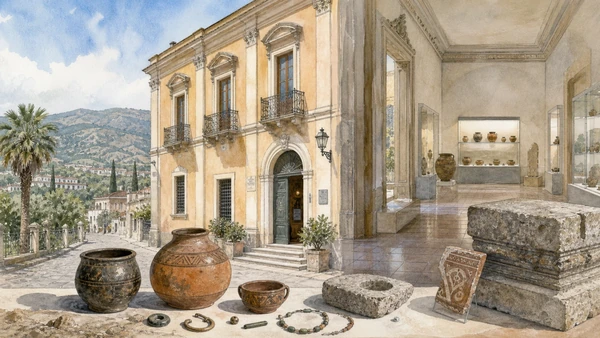 Original documentary watercolour of Palazzo Nieddu: Indigenous communities before the colony in Locri and the Grecanic Area · Calabria, showing accurate architecture, landscape, people and present-day use