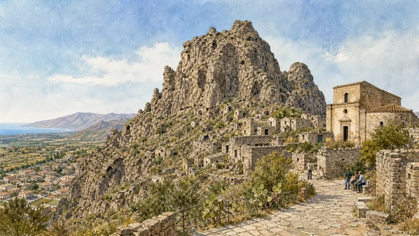 Original documentary watercolour of Pentedattilo: rock, relocation and selective revival in Locri and the Grecanic Area · Calabria, showing accurate architecture, landscape, people and present-day use