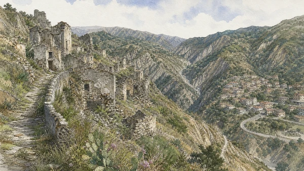 Original documentary watercolour of Roghudi Vecchio: relocation, hazard and memory in Locri and the Grecanic Area · Calabria, showing accurate architecture, landscape, people and present-day use