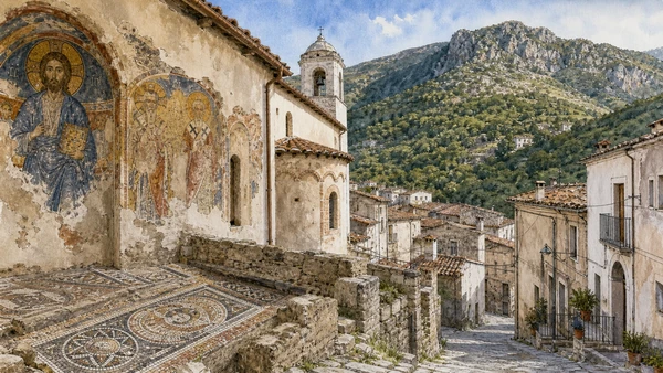 Original documentary watercolour of Acquaformosa: mosaics, language and mountain streets in Pollino and Arbëreshë Towns · Calabria, showing accurate architecture, landscape, people and present-day use