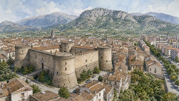 Original documentary watercolour of Castrovillari and the Aragonese Castle in Pollino and Arbëreshë Towns · Calabria, showing accurate architecture, landscape, people and present-day use