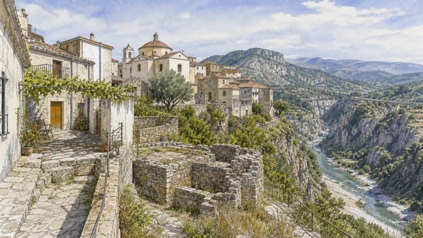 Original documentary watercolour of Civita: Arbëreshë town and Raganello gateway in Pollino and Arbëreshë Towns · Calabria, showing accurate architecture, landscape, people and present-day use