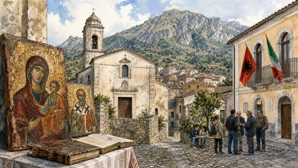 Original documentary watercolour of Frascineto: icons and Arbëreshë cultural institutions in Pollino and Arbëreshë Towns · Calabria, showing accurate architecture, landscape, people and present-day use