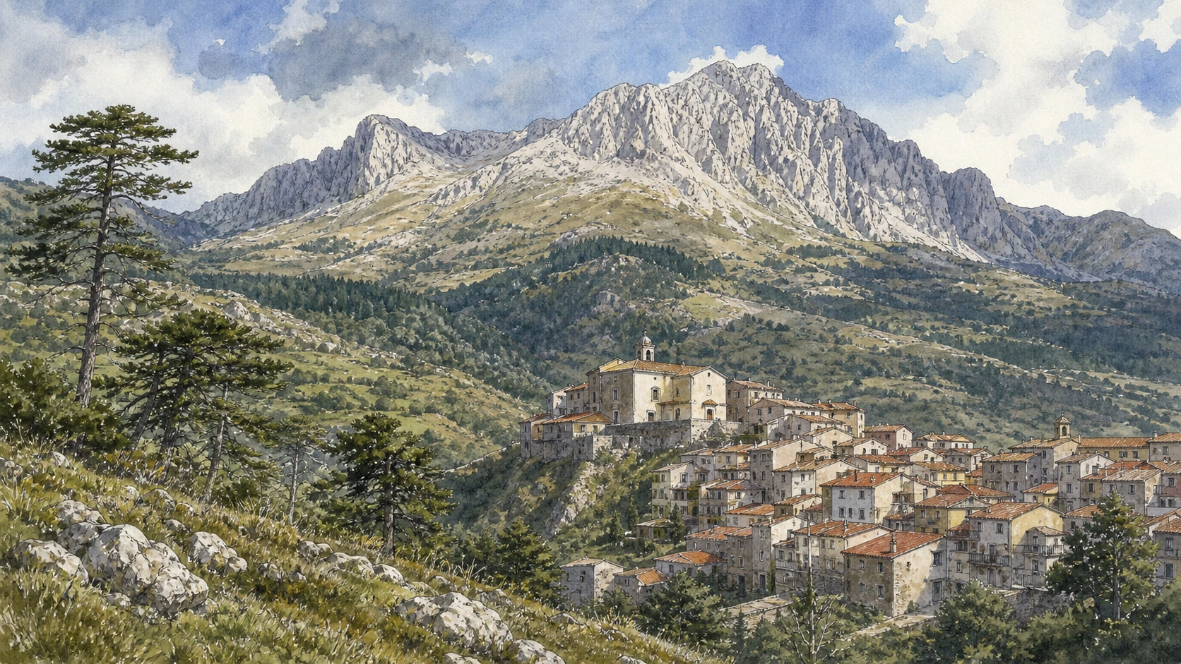Original documentary watercolour panorama for Pollino and the Arbëreshë Towns: Complete Guide, with accurate Calabrian architecture, landscape and lived context