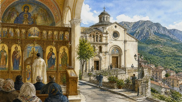 Original documentary watercolour of Lungro: eparchy and Byzantine-rite cathedral in Pollino and Arbëreshë Towns · Calabria, showing accurate architecture, landscape, people and present-day use