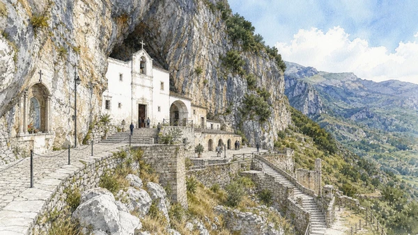 Original documentary watercolour of Madonna delle Armi: sanctuary attached to rock in Pollino and Arbëreshë Towns · Calabria, showing accurate architecture, landscape, people and present-day use
