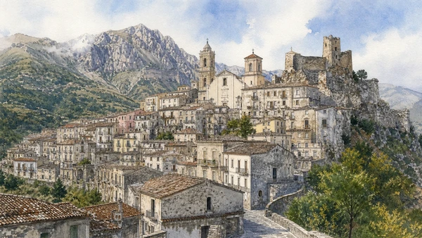 Original documentary watercolour of Morano Calabro: compact hill town beneath the massif in Pollino and Arbëreshë Towns · Calabria, showing accurate architecture, landscape, people and present-day use