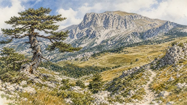 Original documentary watercolour of Piani del Pollino and the Bosnian pines in Pollino and Arbëreshë Towns · Calabria, showing accurate architecture, landscape, people and present-day use