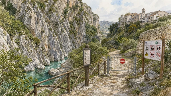 Original documentary watercolour of Raganello Gorge: geology, hazard and controlled access in Pollino and Arbëreshë Towns · Calabria, showing accurate architecture, landscape, people and present-day use