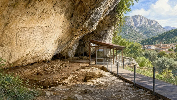 Original documentary watercolour of Grotta del Romito: Palaeolithic evidence and protected access in Pollino and Arbëreshë Towns · Calabria, showing accurate architecture, landscape, people and present-day use
