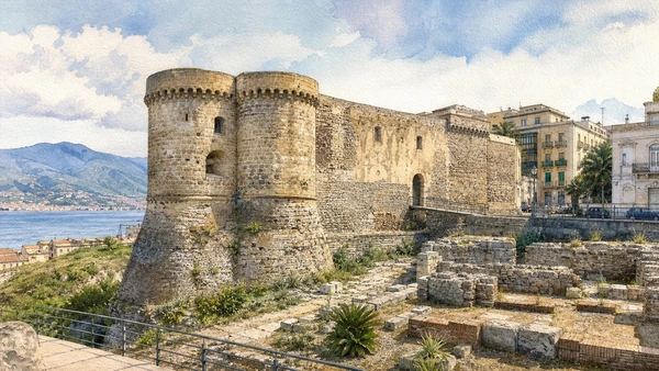 Original documentary watercolour of Aragonese Castle: a surviving fragment of repeated fortification in Reggio and the Strait · Calabria, showing accurate architecture, landscape, people and present-day use