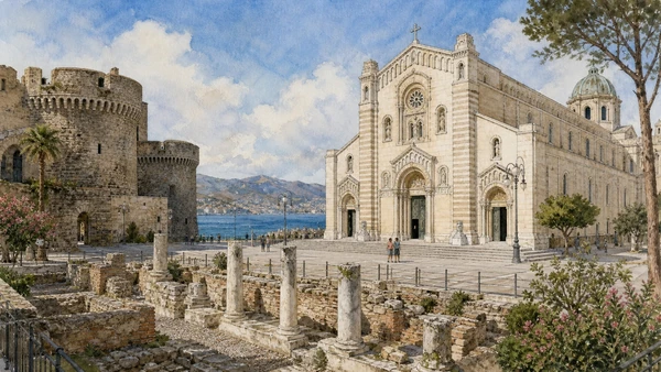 Original documentary watercolour of Reggio Cathedral: sacred continuity through modern reconstruction in Reggio and the Strait · Calabria, showing accurate architecture, landscape, people and present-day use