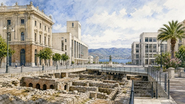 Original documentary watercolour of Piazza Italia and the rebuilt civic centre in Reggio and the Strait · Calabria, showing accurate architecture, landscape, people and present-day use