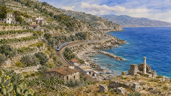 Original documentary watercolour of Costa Viola: terraces, railways and the Tyrrhenian edge in Reggio and the Strait · Calabria, showing accurate architecture, landscape, people and present-day use