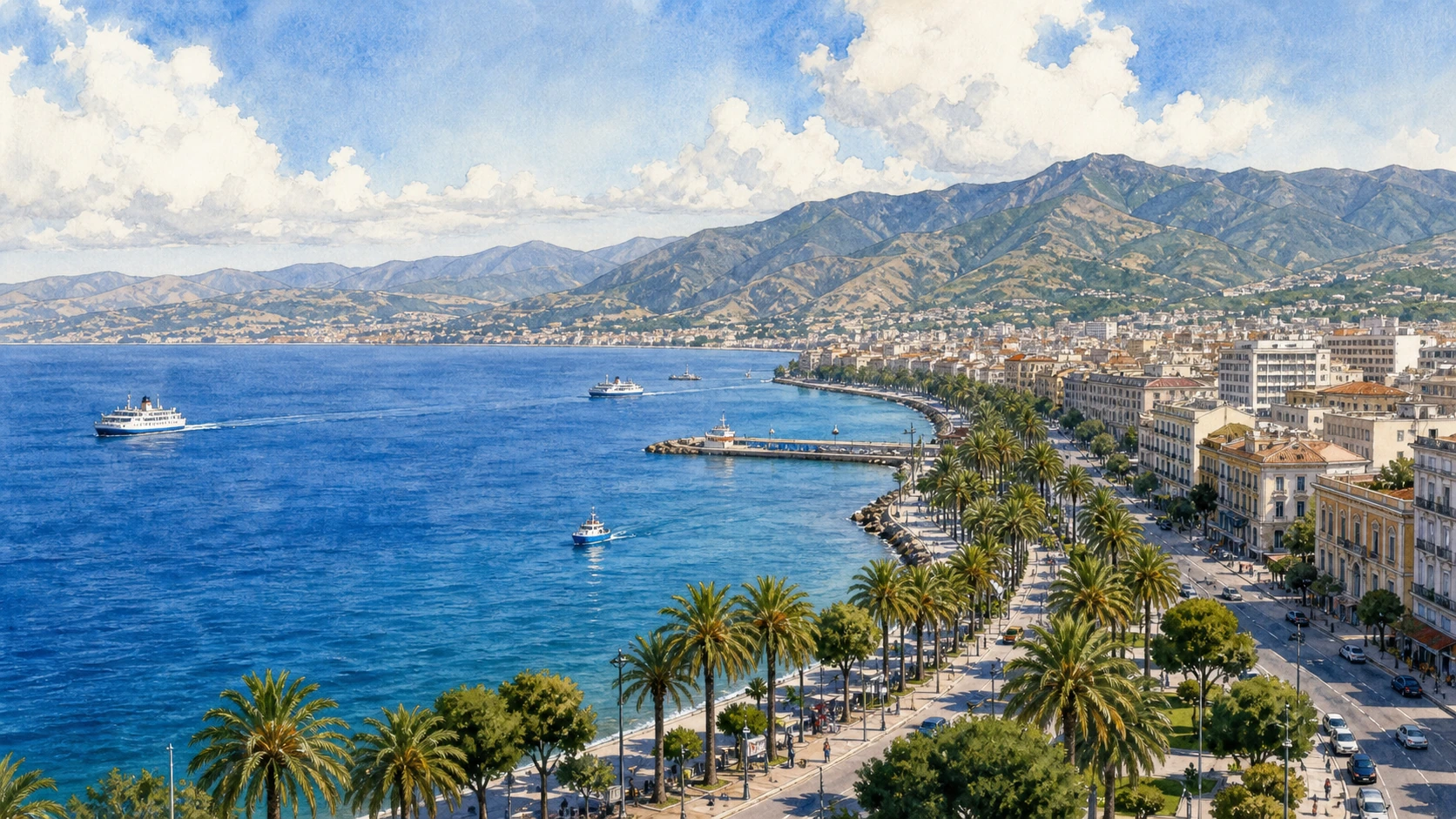 Original documentary watercolour panorama for Reggio Calabria and the Strait: Complete Guide, with accurate Calabrian architecture, landscape and lived context