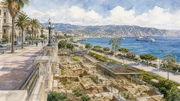 Original documentary watercolour of Lungomare Falcomatà: reconstruction, public space and Strait view in Reggio and the Strait · Calabria, showing accurate architecture, landscape, people and present-day use